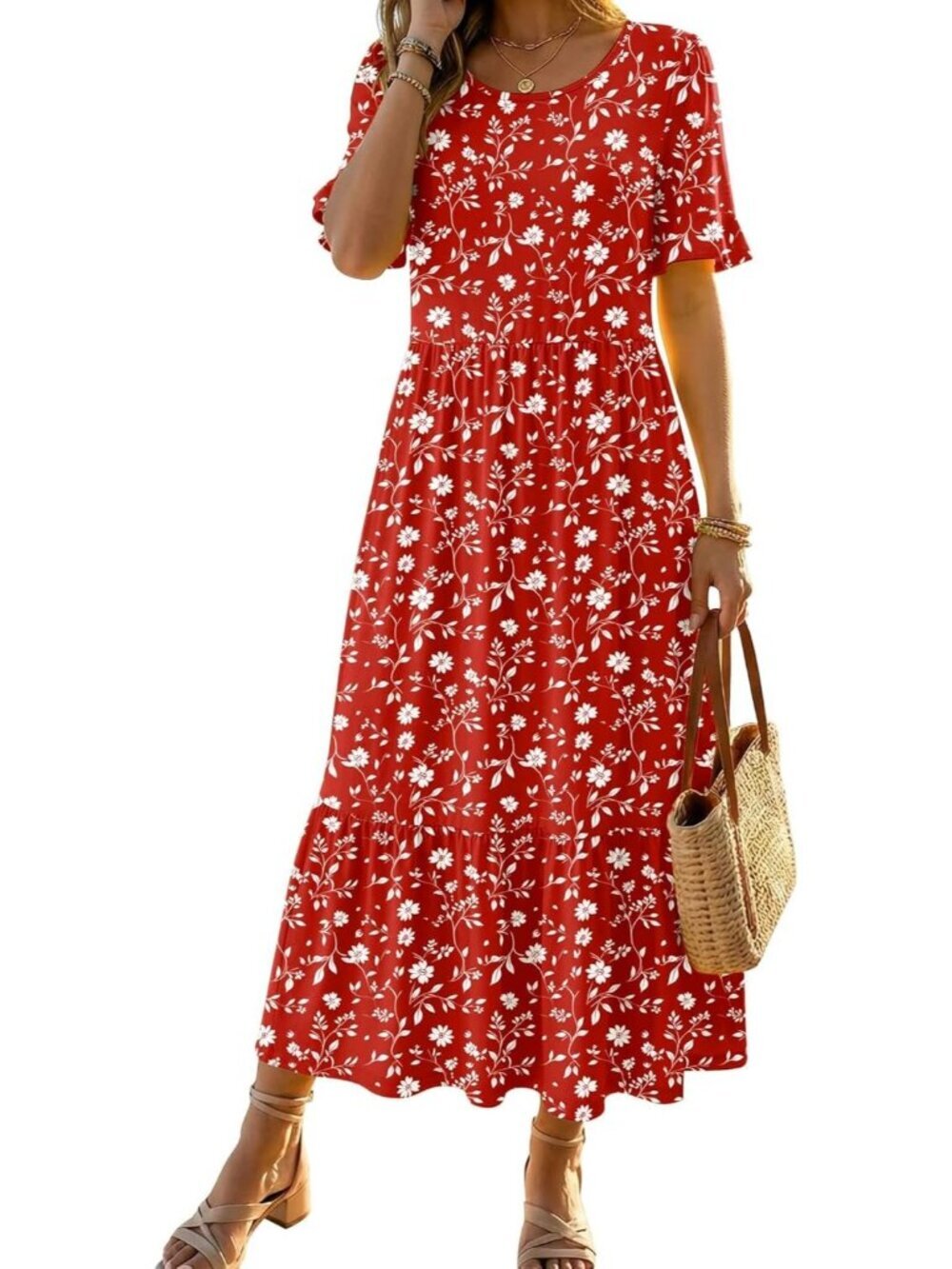 Women's Red Casual Midi Dress Crew Neck Ruffle Short Sleeve Tiered Sundress